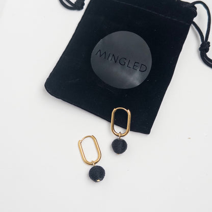 Gold Oval Huggie Earrings with Removable Matte Black Bead Charm - Mingled