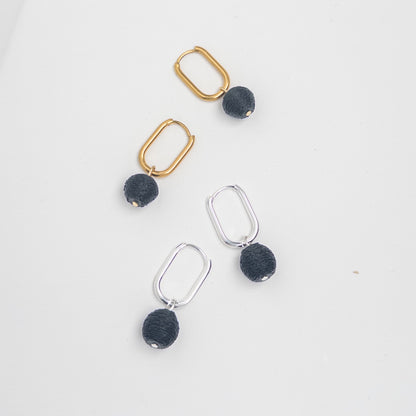 Silver Oval Huggie Earrings with Removable Matte Black Bead Charm - Mingled