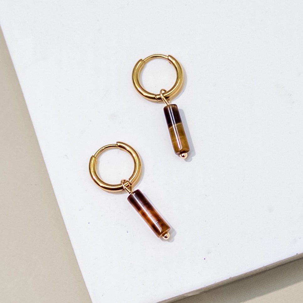 Gold Huggies with Tiger Eye Column Charm - Mingled