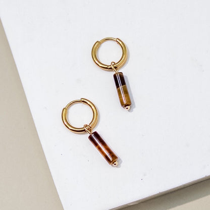 Gold Huggies with Tiger Eye Column Charm - Mingled