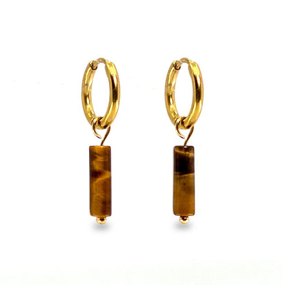 Gold Huggies with Tiger Eye Column Charm - Mingled