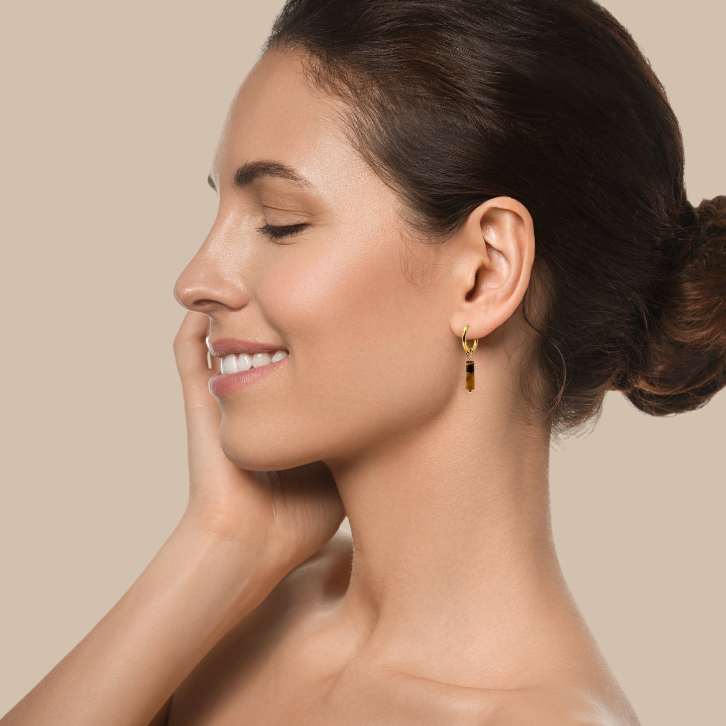 Gold Huggies with Tiger Eye Column Charm - Mingled