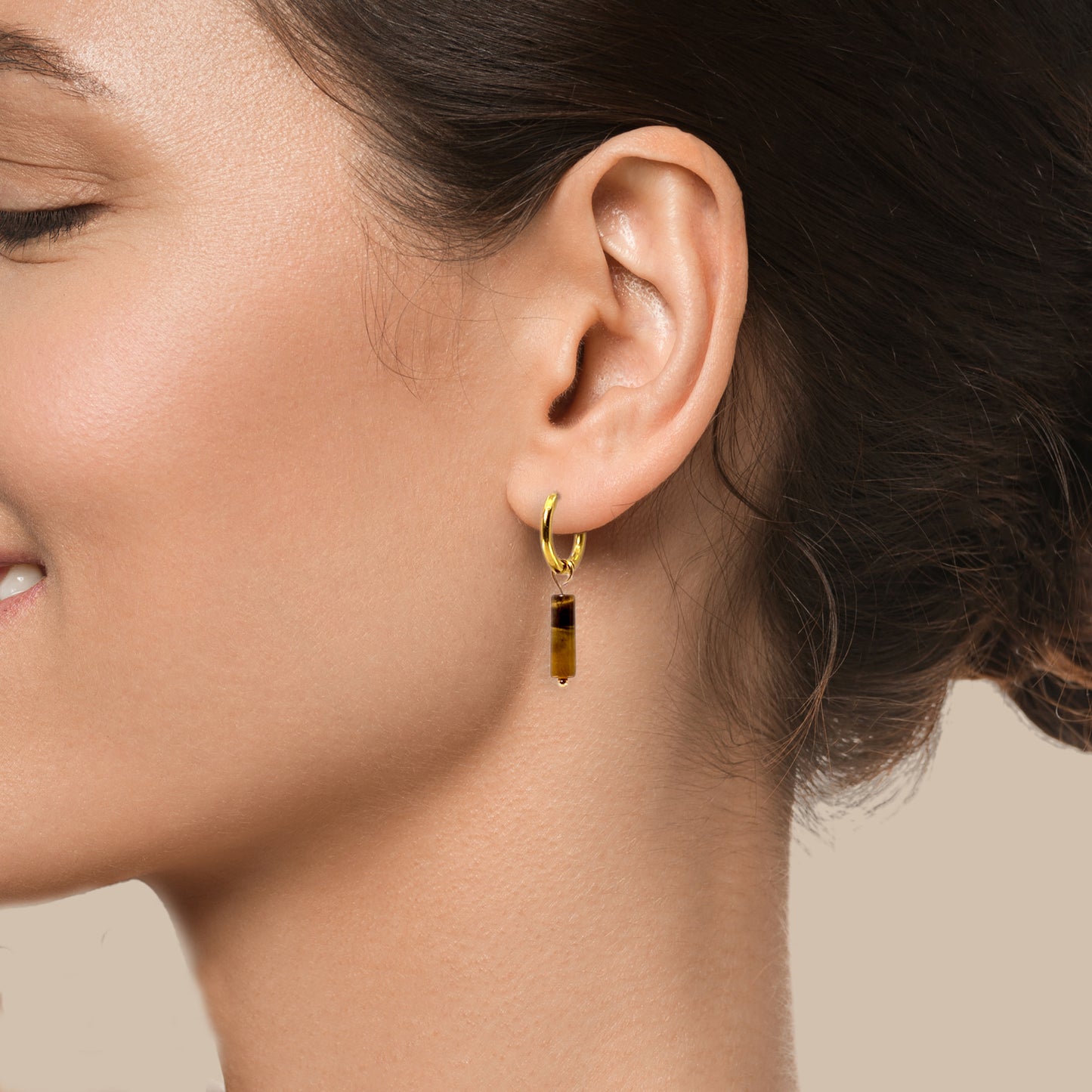 Gold Huggies with Tiger Eye Column Charm - Mingled