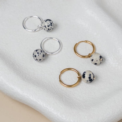 Silver Huggie Earrings with Removable Dalmation Jasper Charm - Mingled