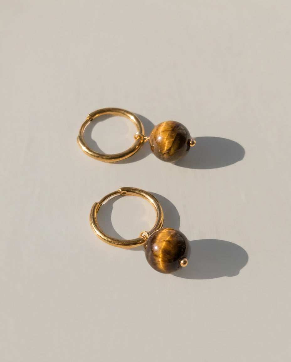 Gold Huggie with Tiger Eye Bead