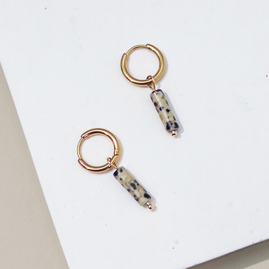 Gold Huggies with Dalmation Jasper Column Charm - Mingled