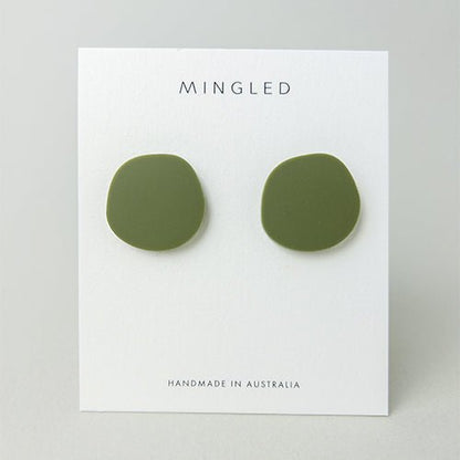 CLIP ON Organic Statement Stud Earrings - Matte Olive Green - Mingled