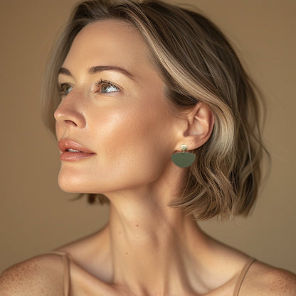 Petticoat Minimalist Dangle Earrings - Matte Olive Green & Gold - Mingled