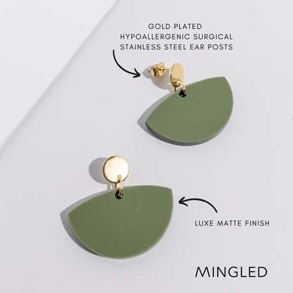 Petticoat Minimalist Dangle Earrings - Matte Olive Green & Gold - Mingled