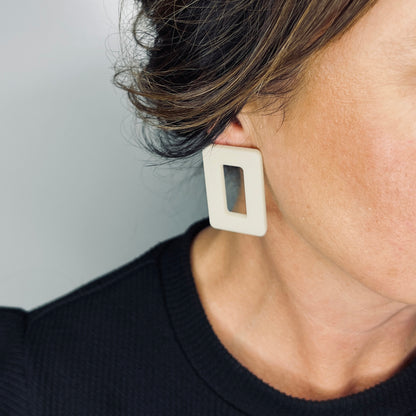 Rectangle Stud Earrings - Matte Ivory Beige - Mingled