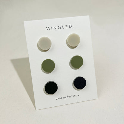 Set of 3 Studs - 15mm Round - Matte Ivory Beige / Matte Olive Green / Matte Black - Mingled
