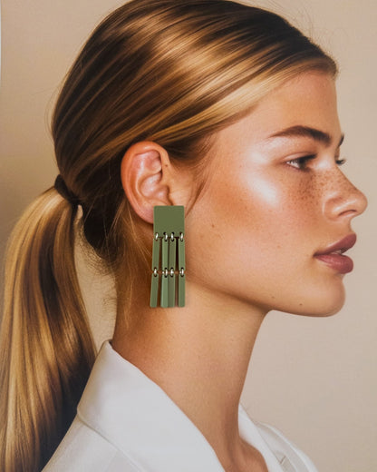 Square Tassel Earrings - Matte Olive Green - Mingled
