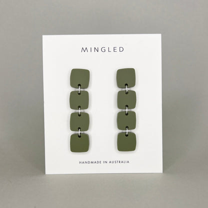 Four Squared Long Drop Dangle Earrings - Olive - Mingled