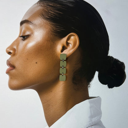 Four Squared Long Drop Dangle Earrings - Olive - Mingled