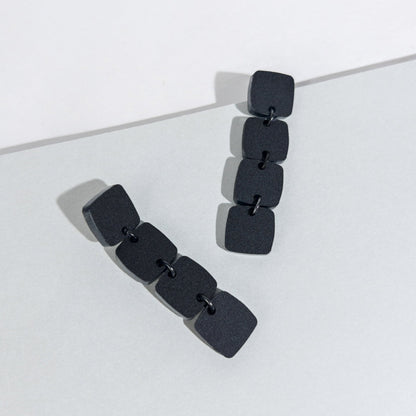 Four Squared Long Dangle Earrings - Black - Mingled
