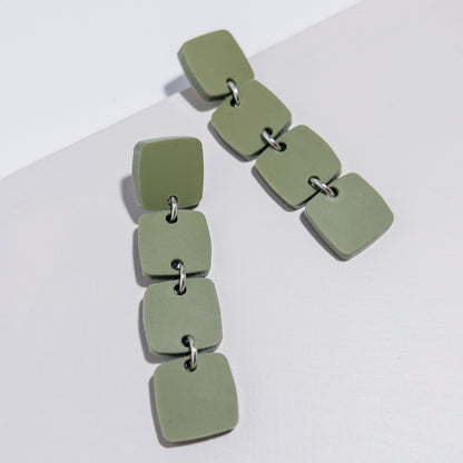 Four Squared Long Drop Dangle Earrings - Olive - Mingled