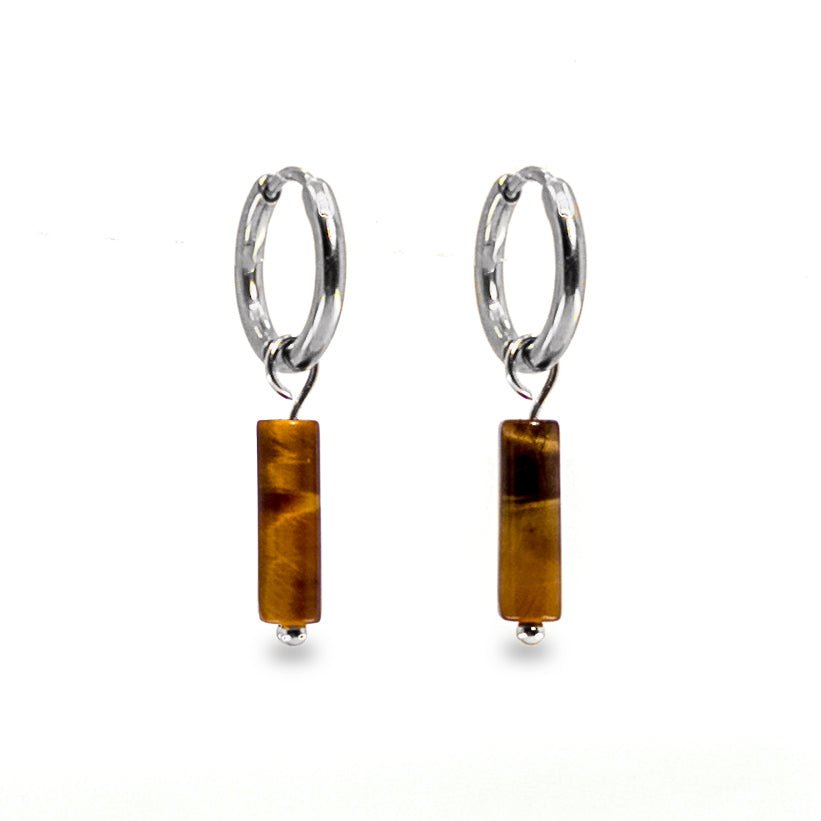 Stainless Steel Huggies with Tiger Eye Column Charm - Mingled