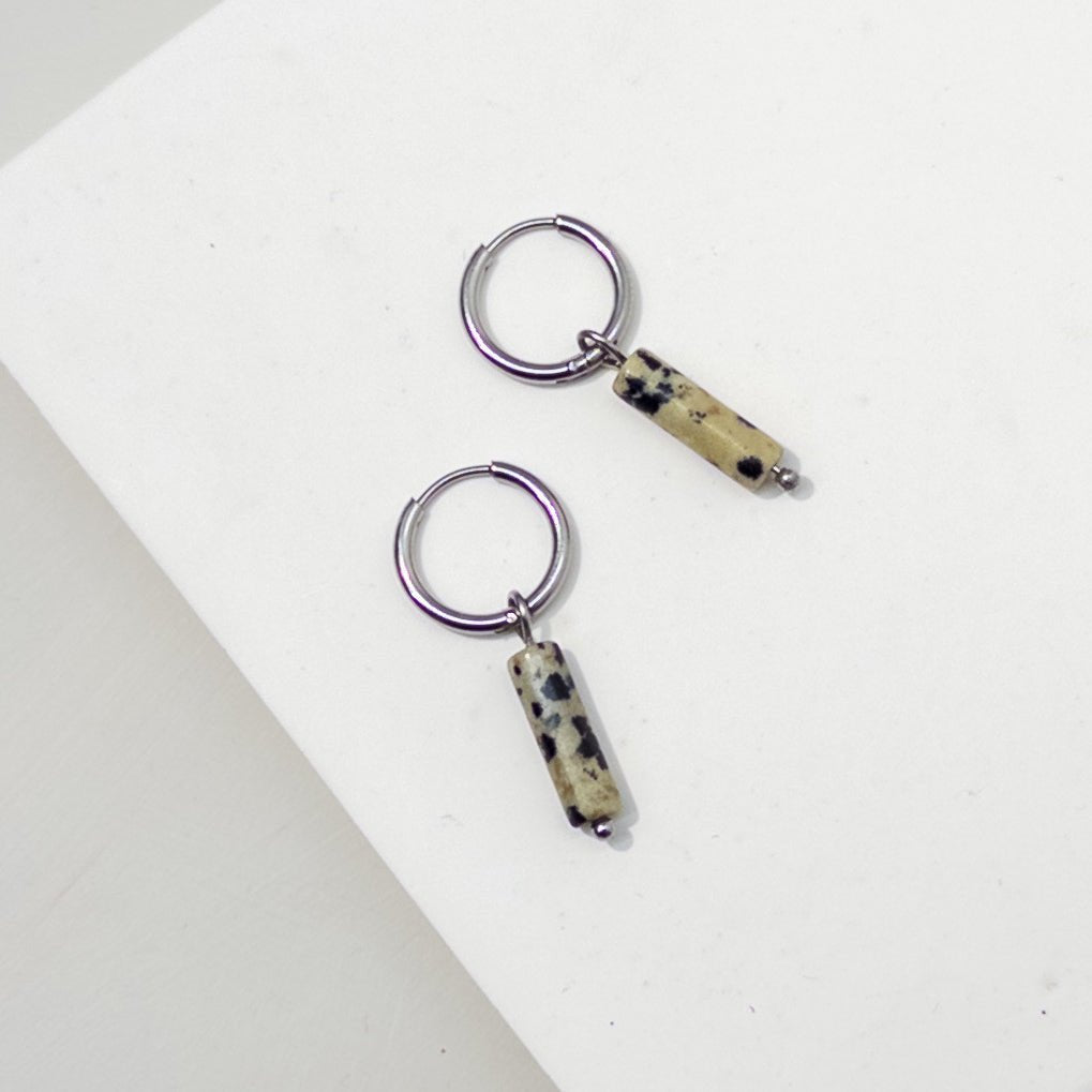 Stainless Steel Huggies with Dalmation Jasper Column Charm - Mingled