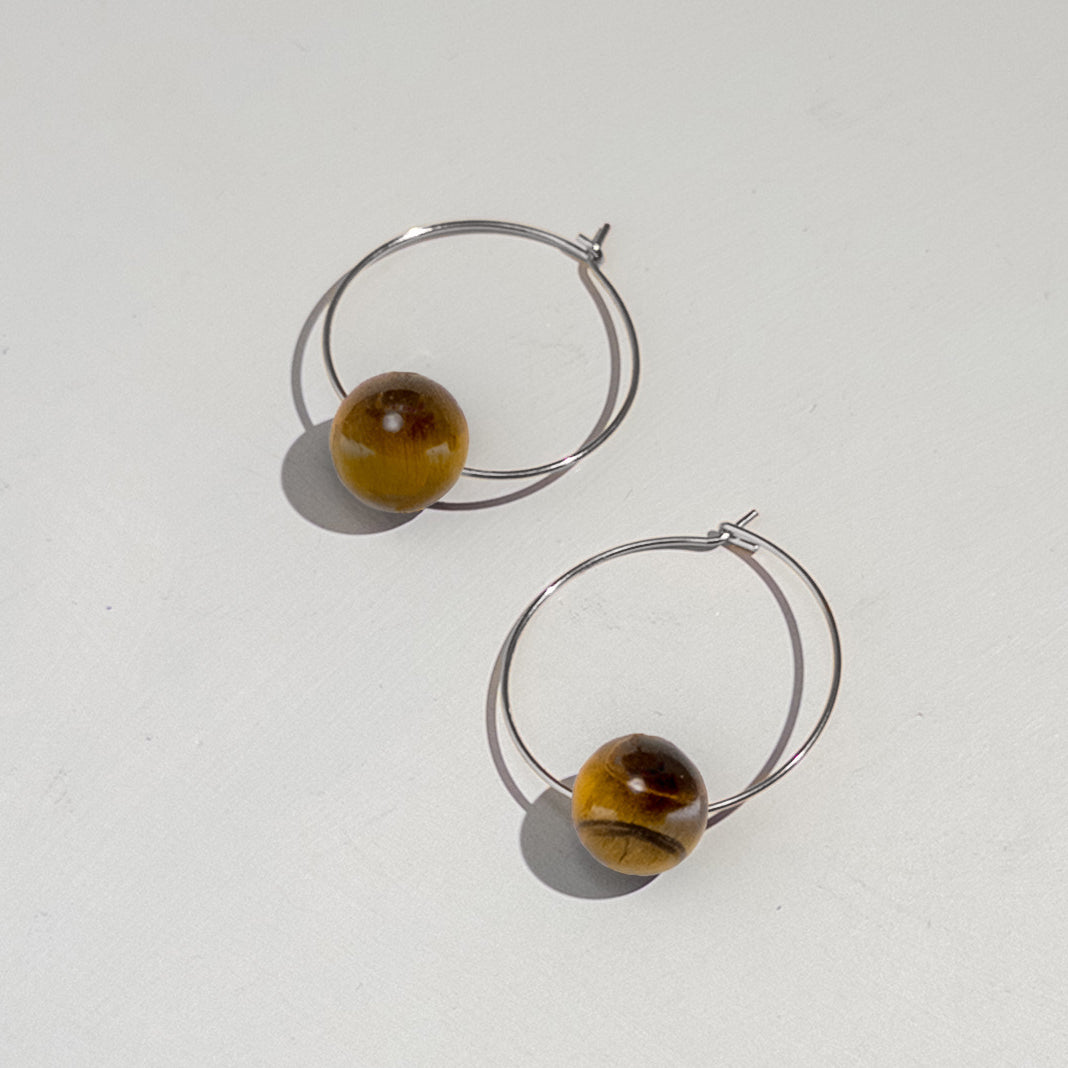 Single Bead Hoop Earrings - Tiger Eye on Stainless Steel