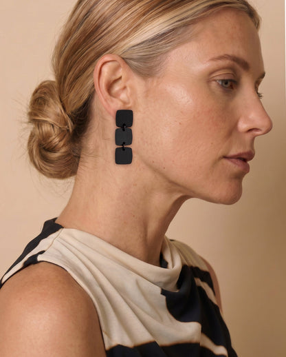 CLIP ON Three Square Earrings - Black - Mingled