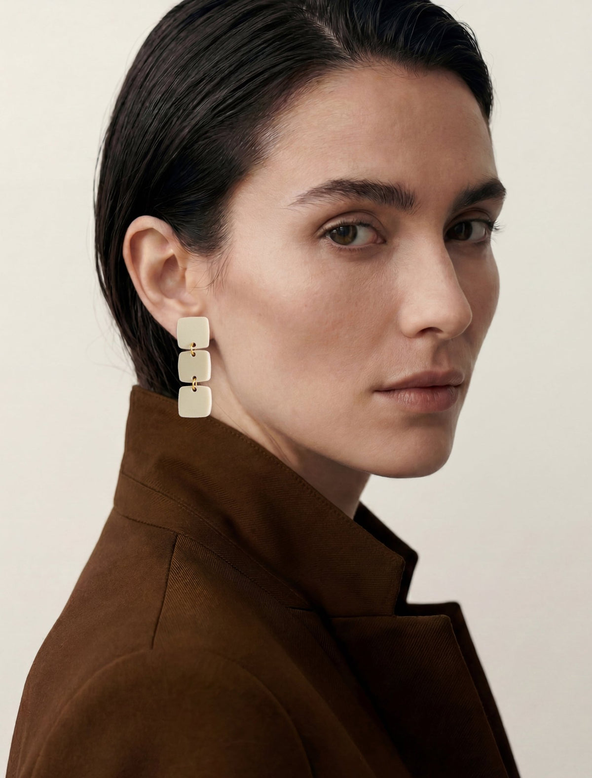 CLIP ON Three Square Earrings - Ivory - Mingled