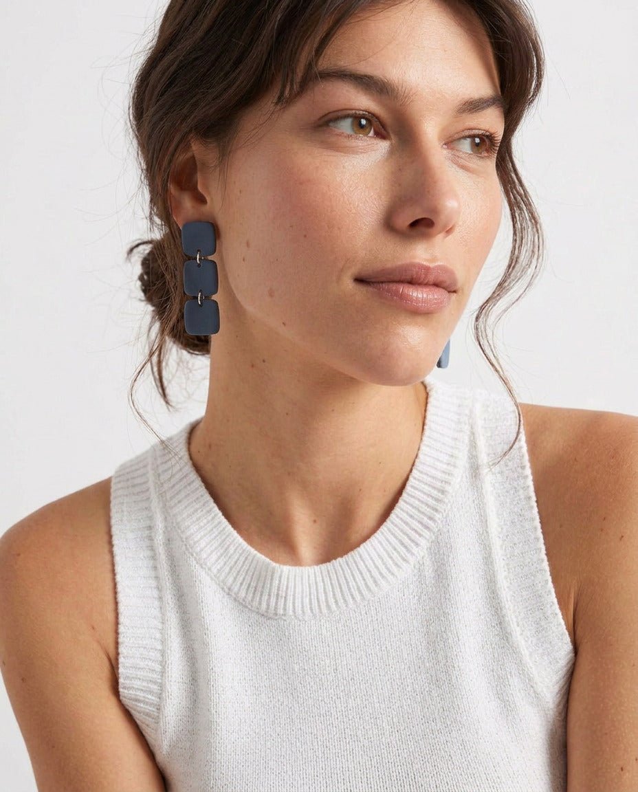 CLIP ON Three Square Earrings - Navy - Mingled