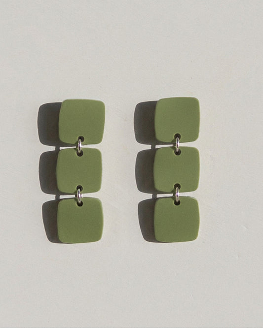 Olive Green Dangle Earrings with Three Square Drops