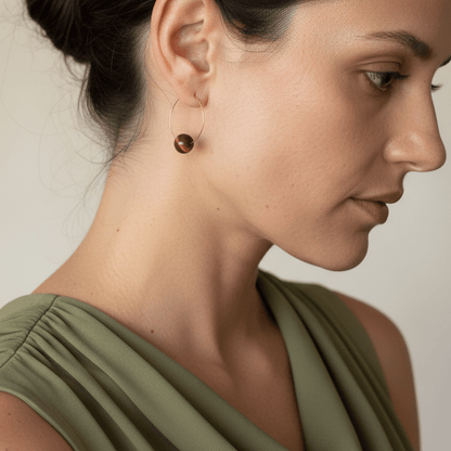 Single Bead Hoop Earrings - Tiger Eye on Stainless Steel - Mingled
