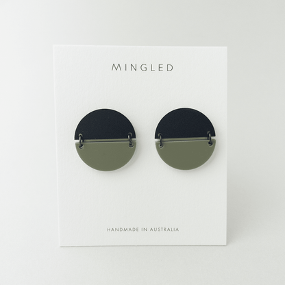 TWO PIECE Statement Earrings - Olive Green and Black - Mingled
