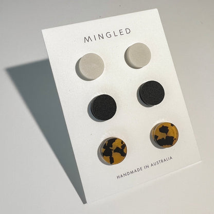Set of 3 Studs - 15mm Round - Matte Ivory Beige / Matte Black / Tortoise Shell - Mingled
